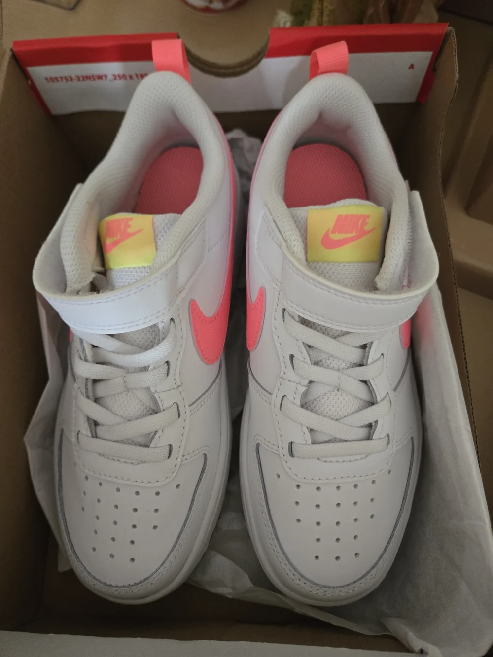 Nike Kids White Sneakers with Neon Pink Swoosh